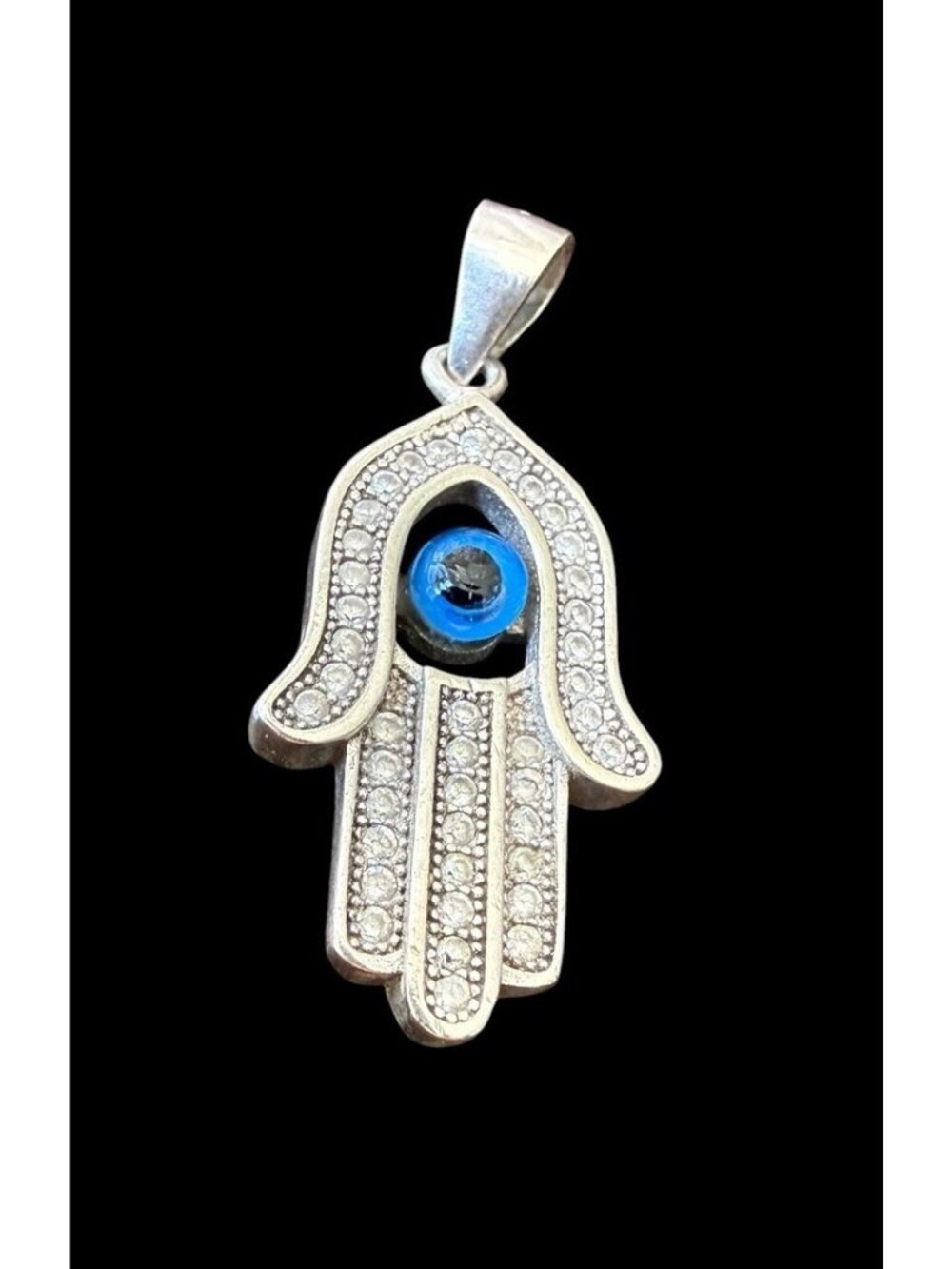 Sterling Silver 925 Hamsa Hand Evil Eye Pendant Clear CZ Protection Charm